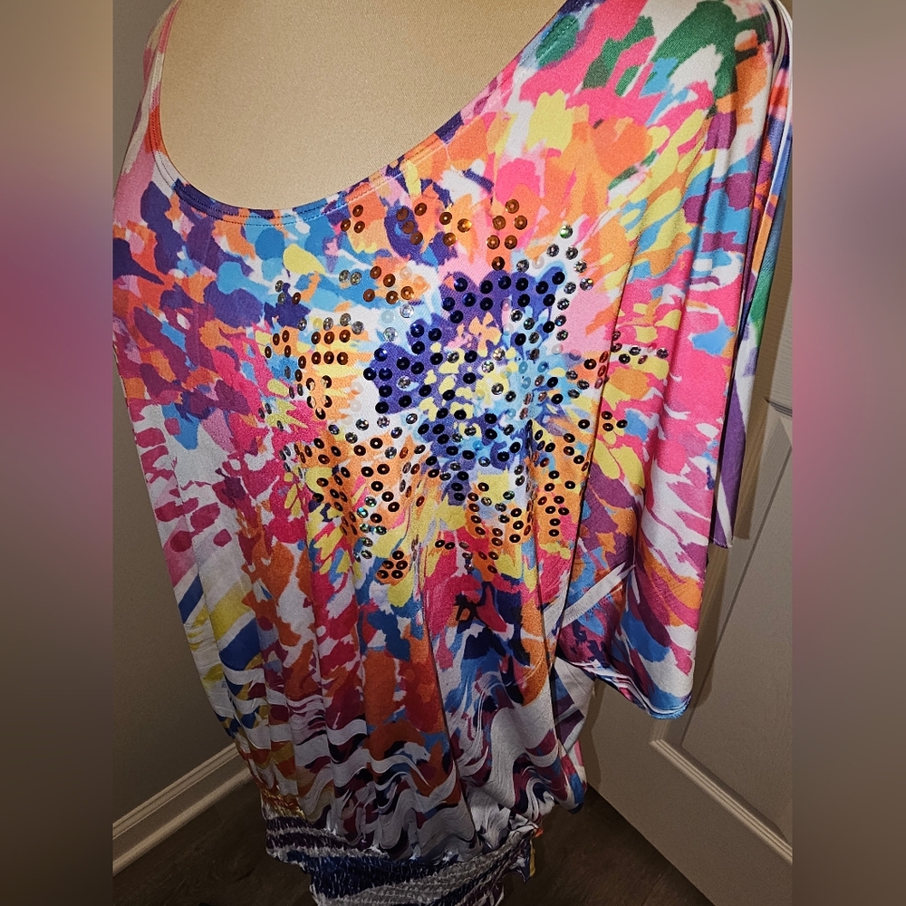 Deb Colorful Short Sleeve Abstract Print Top With Sequin Sz XL